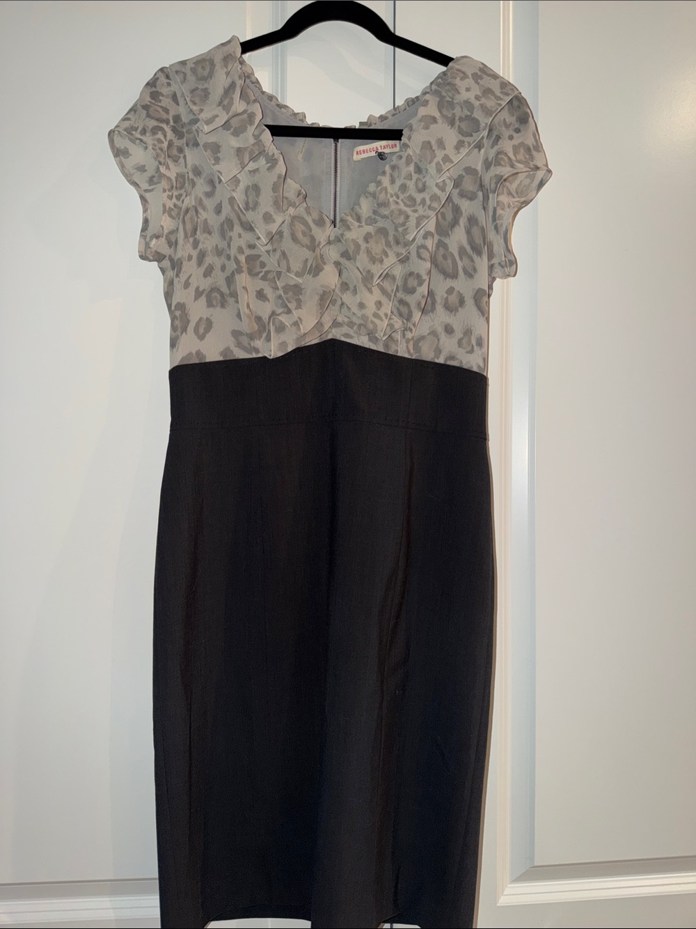 Rebecca Taylor Grey Leopard Print Ruffle Top Charcoal Sheath Dress